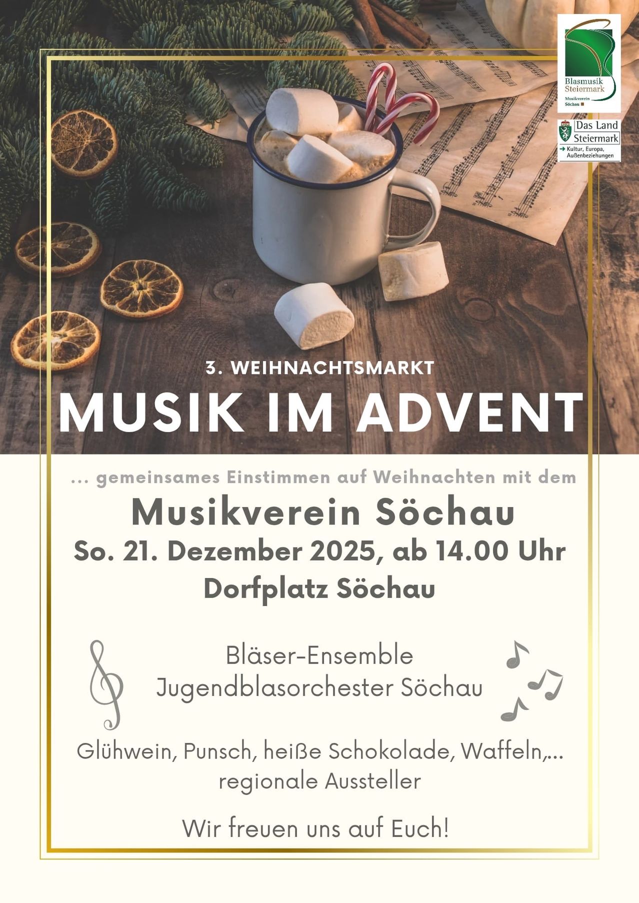 Ein Werbeplakat für den dritten Weihnachtsmarkt mit einer Tasse heißer Schokolade mit Marshmallows, getrockneten Orangen und Weihnachtsdekoration. Die Veranstaltung beinhaltet Musik vom Musikverein Sochau, geplant für den 21. Dezember 2025 um 14:00 Uhr am Dorfplatz Sochau.