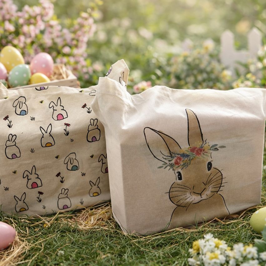 Zwei Oster-Taschen, eine mit Hasen und eine mit einem Hasen, liegen auf Gras mit Ostereiern und Blumen.