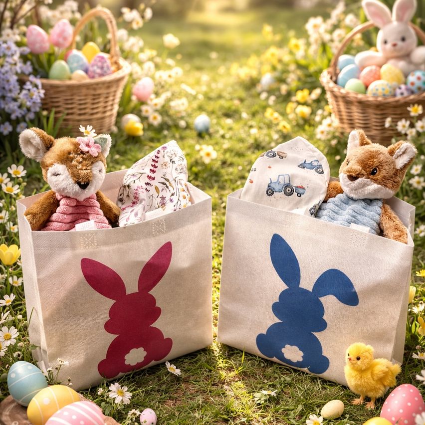 Zwei Osterkörbe voller Spielzeug und ein Babyküken auf dem Gras, umgeben von Ostereiern und Blumen.