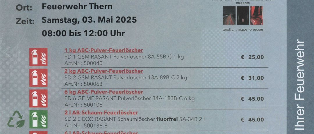 Ein Flyer für einen Feuerlöscher-Überprüfungsdienst wird angezeigt. Der Flyer erwähnt eine Zusammenarbeit mit der WBF Wiedermann Brandschutz- & Feuerwehrtechnik GmbH für Feuerlöscher-Inspektionen. Der Preis pro Stück beträgt 9 Euro. Die Veranstaltung ist am Samstag, 3. Mai 2025, von 8:00 Uhr bis 12:00 Uhr.