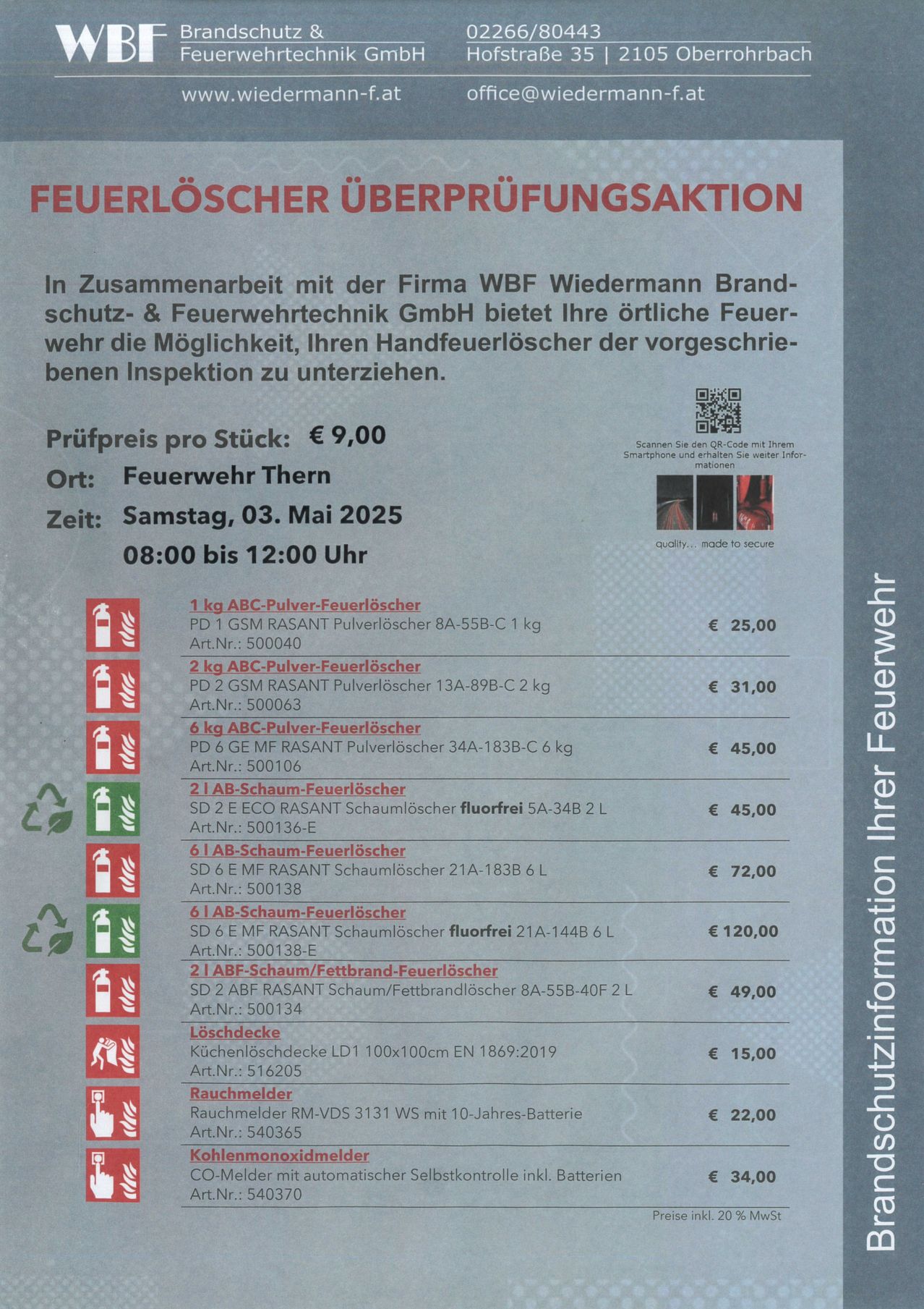 Werbung für einen Löschwasser-Inspektionsservice am 3. Mai 2025 bei der Feuerwehr. Beinhaltet Details zum Inspektionspreis, verfügbaren Feuerlöschern und zusätzlichen Dienstleistungen. QR-Code für weitere Informationen.