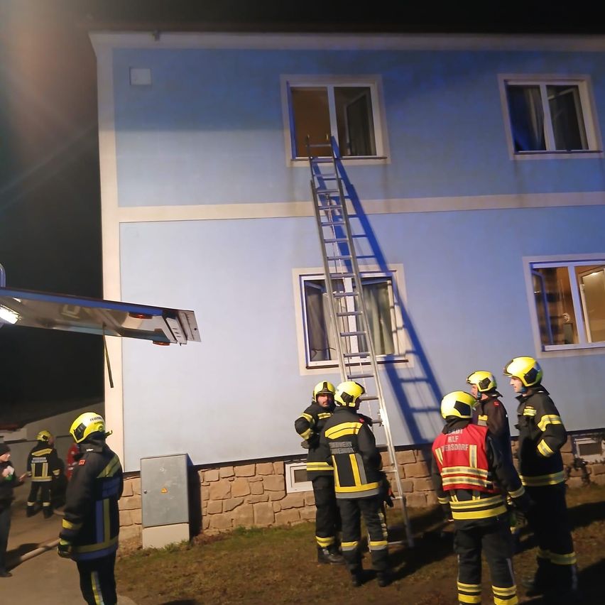 A group of firefighters in yellow helmets are standing outside a house with a ladder leaned against the wall.