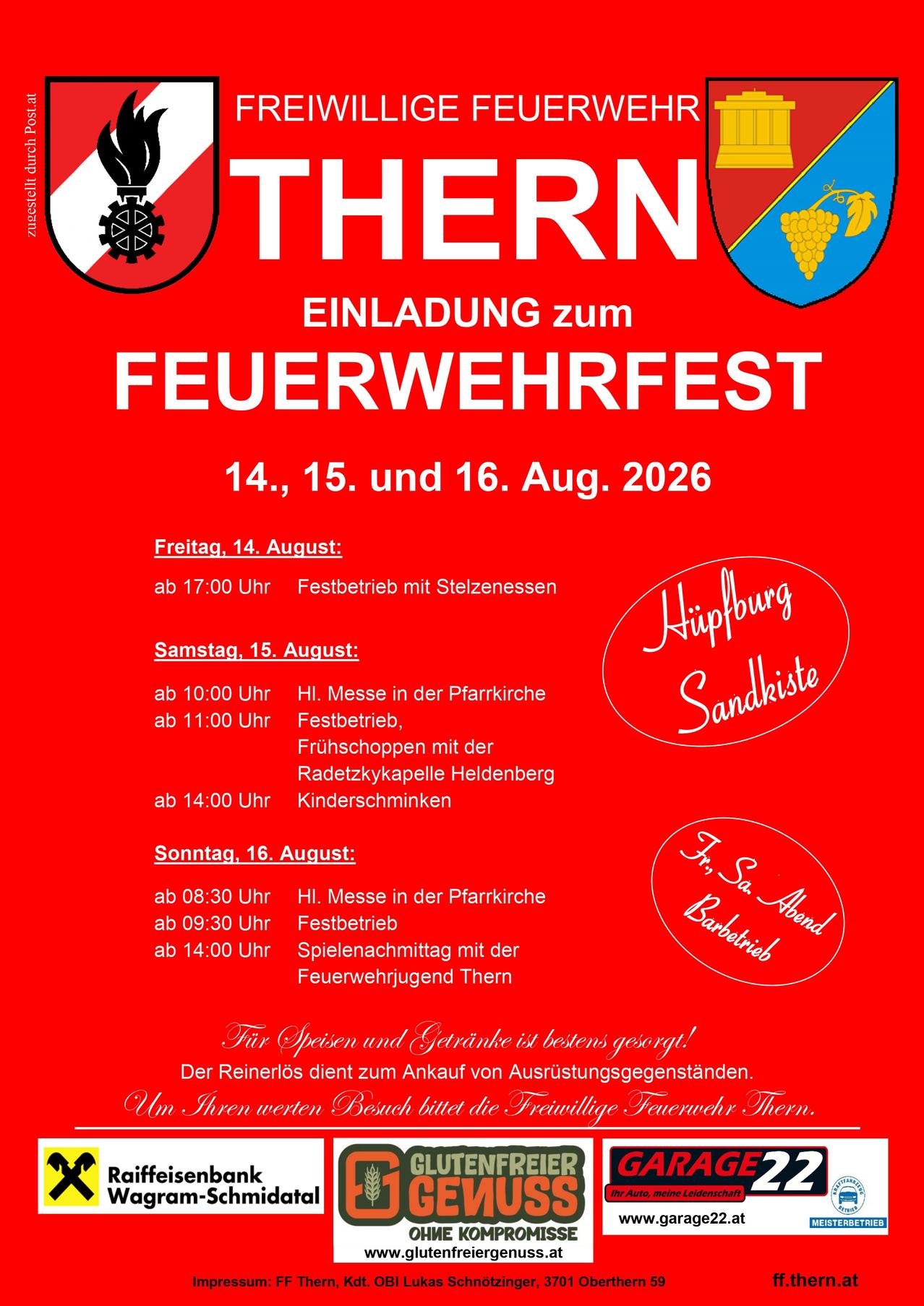 Ein rotes Plakat bewirbt das 'Feuerwehrfest' in Thern, geplant für den 14., 15. und 16. August 2026. Es enthält Details der Veranstaltungen an jedem Tag, wie eine Messe, ein Festbetrieb, ein Frühschoppen und ein Kinderkarneval. Das Plakat zeigt das Wappen und Logo der Stadt.