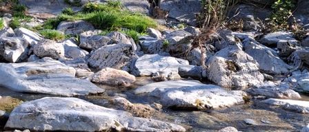 Ein felsiger Bach mit klarem Wasser fließt durch eine natürliche Landschaft mit verstreuten Felsen und Grün.