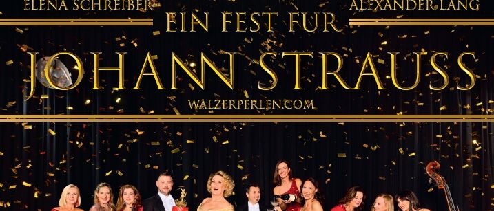 Plakat für Johann Strauss Aufführung am 19. September 2025, um 19:30 Uhr in Payerbach. Mit Musikern in Rot, einer Drum-Set und goldenen Konfetti. Spezieller Gast, Dr. Eduard Strauss, Sohn von Johann Strauss.
