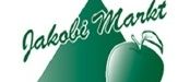 Das Jakobi-Markt-Logo zeigt einen grünen Apfel auf einem dreieckigen Gebäude mit einer Brücke darunter, alles in grünen und weißen Farben. Der Text 'Jakobi Markt' ist in Grün über dem Apfel geschrieben.