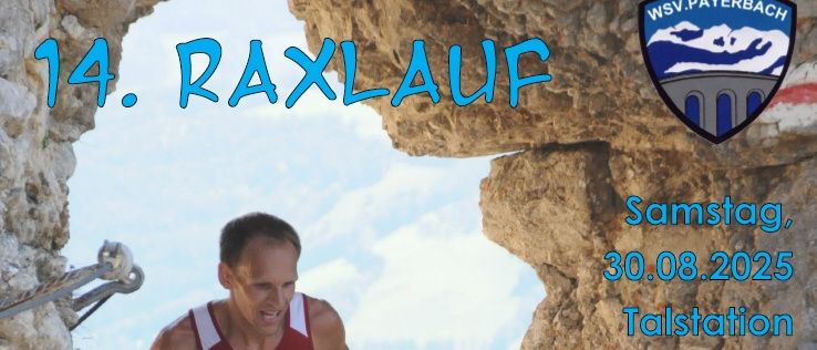 Ein Athlet läuft in bergigem Gelände. Das Event ist für den 30. August 2025 an der Talstation Rax-Seilbahn geplant. Startzeit ist 10:00 Uhr.