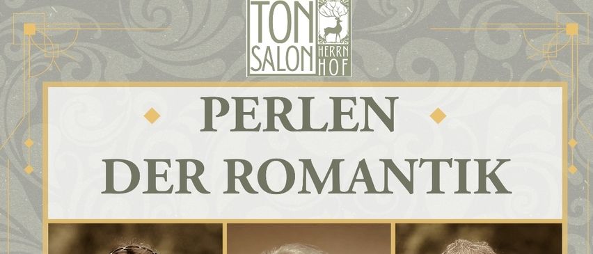 Poster für ein musikalisches Event mit dem Titel 'Perlen der Romantik' am 16. August 2025 um 19:00. Es zeigt drei Musiker mit ihren Instrumenten: eine Frau spielt Blockflöte, eine Frau Klavier und ein Mann Blockflöte. Unter dem Datum sind die Namen der Musiker und ihre Instrumente aufgeführt.
