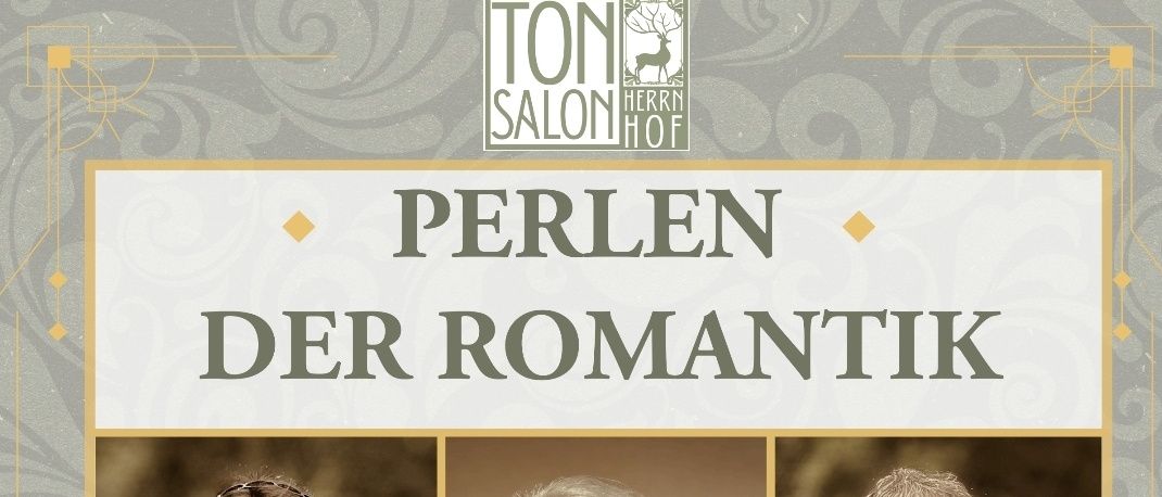 Poster für ein musikalisches Event mit dem Titel 'Perlen der Romantik' am 16. August 2025 um 19:00. Es zeigt drei Musiker mit ihren Instrumenten: eine Frau spielt Blockflöte, eine Frau Klavier und ein Mann Blockflöte. Unter dem Datum sind die Namen der Musiker und ihre Instrumente aufgeführt.