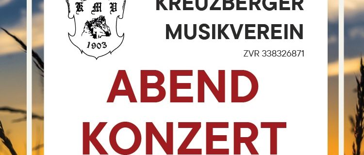Plakat für das Abend Konzert der Kreuzberger Musikverein am 09.08.2025 im Pavillon/Kurpark Reichenau/Rax. Die Zeit ist 19:00 Uhr. Der Eintritt ist frei.