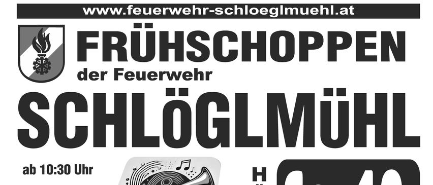 Plakat für die Veranstaltung Schloglmühl. Beginn um 10:30 Uhr mit Enzenreiter Dormusik. Trio Kaghoffer Angerler um 14:00 Uhr. Kuh-Roulette mit Hauptgewinn von 1.000 Euro. Gesponsert von der Sparkasse Neunkirchen.