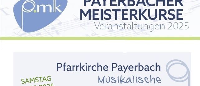 Das Bild zeigt zwei Ankündigungen für musikalische Veranstaltungen im Jahr 2025. Die erste ist eine kostenlose Musikveranstaltung am Samstag, den 16. August 2025, um 19:00 Uhr. Die zweite ist ein Kirchenkonzert am Sonntag, den 17. August 2025, um 19:30 Uhr, mit freiem Eintritt für Teilnehmer und Studierende der 2. Kurswoche.