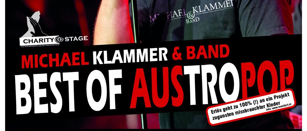 Ein Plakat für das Wohltätigkeitskonzert von Michael Klammer & Band, das einen Mann zeigt, der in ein Mikrofon singt, mit einem Charity-Bühnenlogo. Das Datum der Veranstaltung ist 05.09.2025.