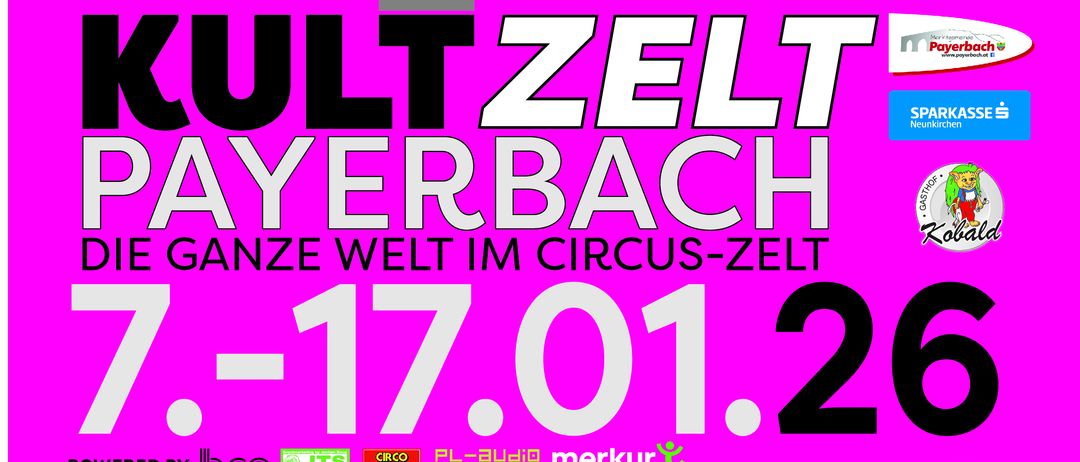 Plakat für die Payerbach-Veranstaltung mit verschiedenen Musikern und Bands, Datum und Uhrzeit. Höhepunkte sind Martin Witzmann, Christian Becker und Dennis Jale. Läuft vom 7. Januar bis 17. Januar.