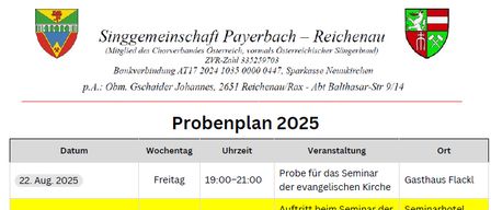 Die Tabelle zeigt einen Zeitplan für 2025 mit Daten, Tagen, Zeiten, Veranstaltungen und Orten. Die Veranstaltungen reichen von Proben bis zu Chorproben und beinhalten spezifische Veranstaltungsorte.