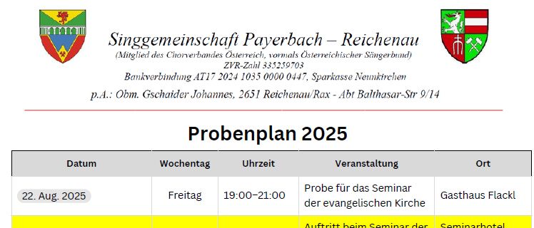 Die Tabelle zeigt einen Zeitplan für 2025 mit Daten, Tagen, Zeiten, Veranstaltungen und Orten. Die Veranstaltungen reichen von Proben bis zu Chorproben und beinhalten spezifische Veranstaltungsorte.