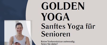 Yoga-Poster für Senioren. Zeigt eine lächelnde Frau in einer Yoga-Pose. Termine jeden Freitag, 10:00 bis 11:00. Veranstalter: Sabine Maierhofer. Kontakt per Telefon oder E-Mail. Leichte Übungen zur Verbesserung von Haltung und Atmung. Keine Vorkenntnisse erforderlich.