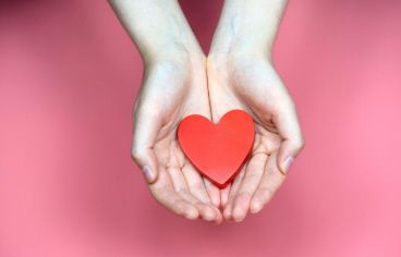 Zwei Hände halten ein rotes Herz auf einem rosa Hintergrund. Das Herz symbolisiert Liebe und Fürsorge.