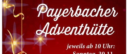 Ein rotes Plakat bewirbt Adventveranstaltungen. Zeiten und Daten sind für jeden Sonntag und einen Freitag aufgelistet. Es gibt Weihnachtsschmuck und Schneeflocken auf dem Plakat.