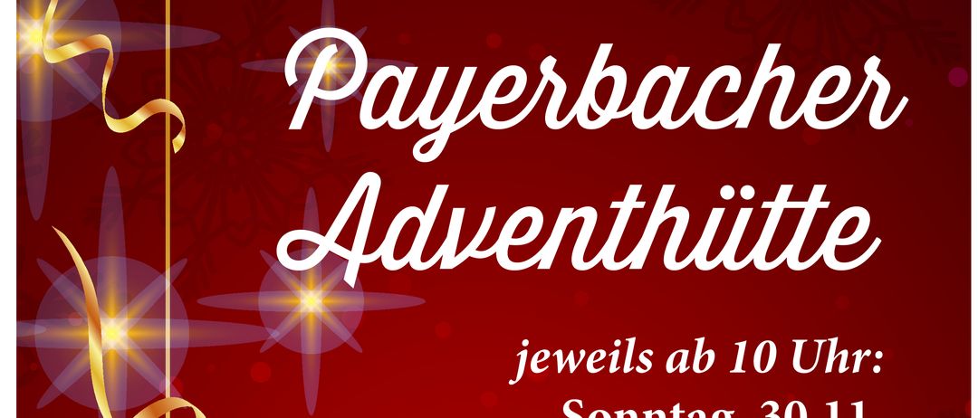 Ein rotes Plakat bewirbt Adventveranstaltungen. Zeiten und Daten sind für jeden Sonntag und einen Freitag aufgelistet. Es gibt Weihnachtsschmuck und Schneeflocken auf dem Plakat.