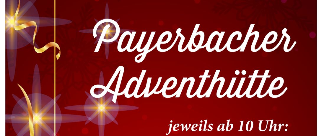 Ein rotes Plakat kündigt Adventveranstaltungen an. Ab 10 Uhr finden Veranstaltungen an mehreren Sonntagen, Montagen und Freitagen statt. Krampus und Nikolo sind für Freitag, den 5. Dezember um 16 Uhr geplant.