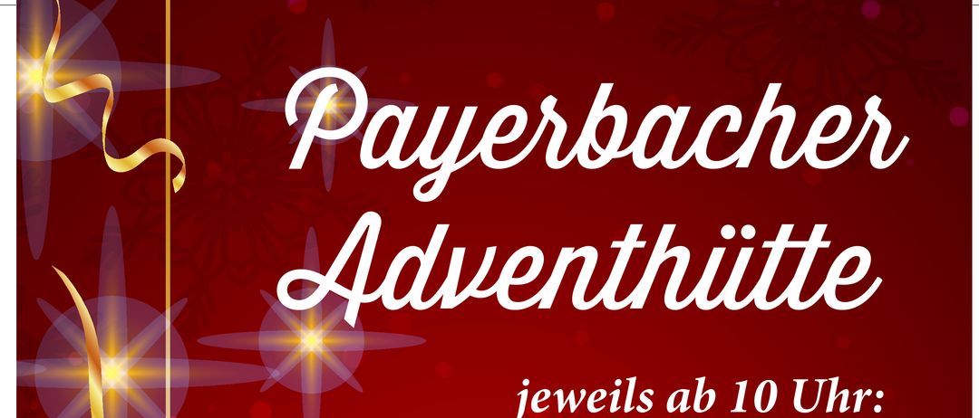 Ein roter Plakat bewirbt Adventveranstaltungen. Jeden Sonntag um 10 Uhr finden Veranstaltungen am 30.11, 7.12, 8.12, 14.12 und 21.12 statt. Am Freitag, 5.12, erscheinen Krampus und Nikolo um 16 Uhr. Am Mittwoch, 24.12, um 13 Uhr, gibt es ein Anzünden der Kerzen. Um 16 Uhr besucht das Christkind.