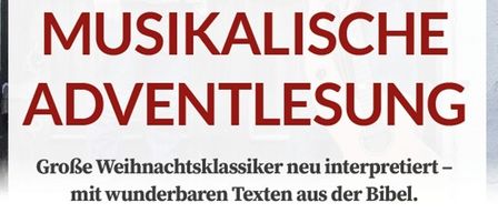 Ein Plakat für eine musikalische Adventslesung am 19. Dezember 2025. Es zeigt zwei Männer vor einer Holztür. Der Text lautet 'Musikalische Adventlesung' und 'Gleich reservieren'. Es enthält einen QR-Code.