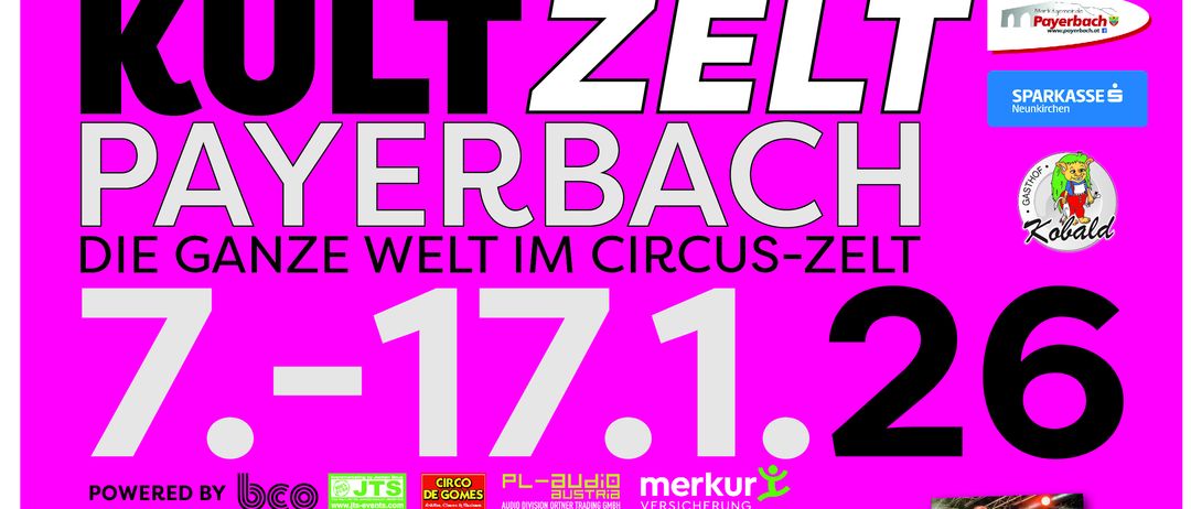 Payerbach-Veranstaltungsposter mit Daten, Künstlern und Veranstaltungsdetails. Die Termine reichen vom 7. bis 17. Januar 2026. Mit Künstlern wie Vitruv, Die Jungen Tenore und Dennis Jale. Veranstaltungen umfassen Musikauftritte, Rock Heroes Night und Best of Austropop. Endet mit 'Circo de Gomes' am 6. Januar.