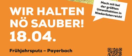 Poster for a spring cleanup event in Payerbach. It shows people cleaning up trash in a field. The date is April 18.