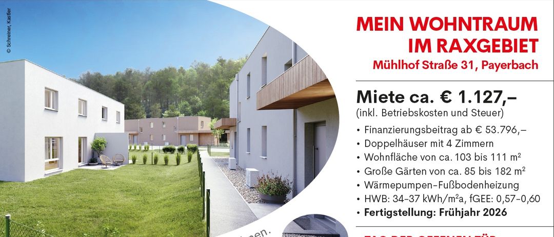 Eine Anzeige für Wohneinheiten in Mühlhof Straße. Die Miete beträgt ca. 1000 Euro inkl. Betriebskosten. Ausstattung umfasst Doppelhäuser, Wohnflächen von ca. 100 qm und große Gärten. Offener Tag am Samstag, 11. April von 10 bis 13 Uhr.