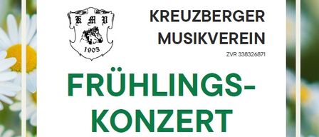 Poster for a spring concert by the Kreuzberger Musikverein on April 12, 2026, at Schloss Reichenau/Rax at 3:00 PM. The event features the Reichenau singing class, a cooperation project of the Volks- and Musikschule Oberes Schwarzatal. Admission is free, and seating reservations can be made.