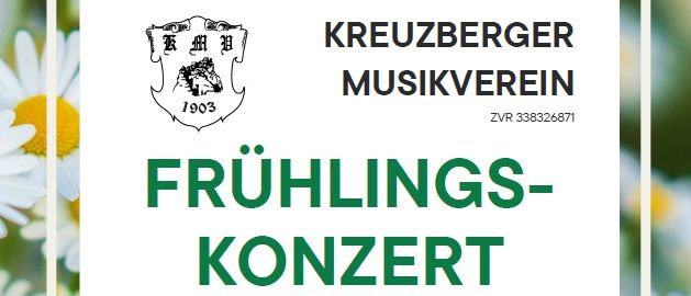Plakat für ein Frühlingskonzert des Kreuzberger Musikvereins am 12.04.2026 im Schloss Reichenau/Rax um 15:00 Uhr. Die Veranstaltung präsentiert die Singklasse Reichenau, ein Kooperationsprojekt der Volks- und Musikschule Oberes Schwarzatal. Der Eintritt ist frei, und Sitzplatzreservierungen sind möglich.
