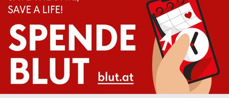 Blood donation event in Payerbach Ghega Hall on April 26, 2026. Times: 10:00-12:30 and 13:30-15:00. QR code for appointment.