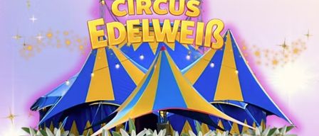 Circus Edelweiss logo with a colorful circus tent and flowers in the foreground, on a pink background.