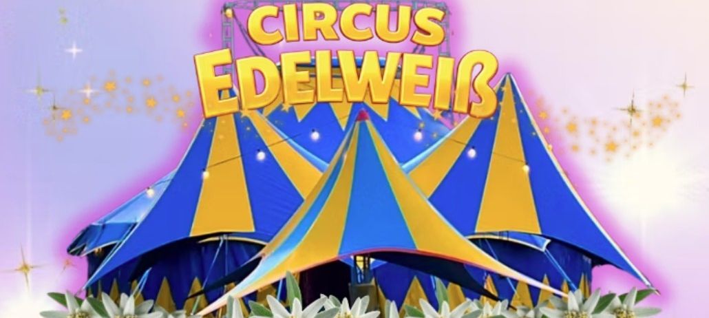 Logo des Circus Edelweiss mit einem farbenfrohen Zirkuszelt und Blumen im Vordergrund, auf einem rosa Hintergrund.