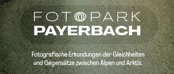 An image of a river flowing through a rocky landscape. The event poster for Foto Park Payerbach is shown with an opening date and time.