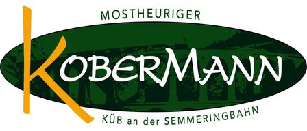 Das Logo für Mostheuriger Köbermann, ein Unternehmen am Semmeringbahn, mit einem grünen Oval, einer gelben Linie und einer Bergsilhouette.