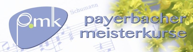 Das Bild zeigt das Logo für 'Schumann Payerbacher Meisterkurse' mit einem Gitarrenpick und Noten im Hintergrund. Das Logo enthält den Text '9mk' und 'Schumann'.