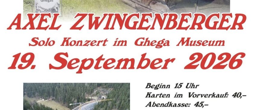 A poster for a solo concert by Axel Zwingenberger at the Ghega Museum on September 19, 2026. The poster features a man with long hair and a microphone, a mountain, and a bridge in the background.