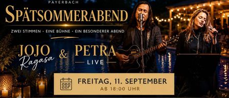 An evening event at Freibad Payerbach featuring live music by Jo & Petra, scheduled for Friday, September 11th, starting at 6:00 PM. The poster includes icons for live music, cocktails, pizza, and a pool atmosphere.