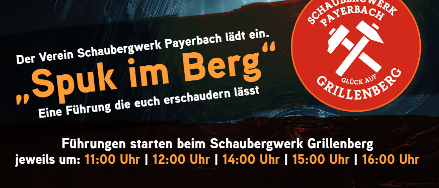 Werbeposter für eine Führung im Schaubergwerk Grillenberg. Es enthält Details zu den Tourzeiten, Ticketpreis und empfohlener Kleidung. Der Plakat enthält einen QR-Code für den Ticketkauf.