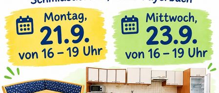 Plakat für einen Kindergarten in Schmidsdorf mit Küche, Essbereich und Spielgeräten, mit Terminen und Zeiten für Veranstaltungen am 21. und 23. September.