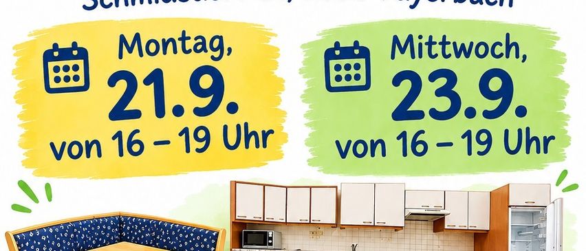 Poster for a kindergarten in Schmidsdorf, featuring a kitchen, dining area, and play equipment, with dates and times for events on September 21 and 23.