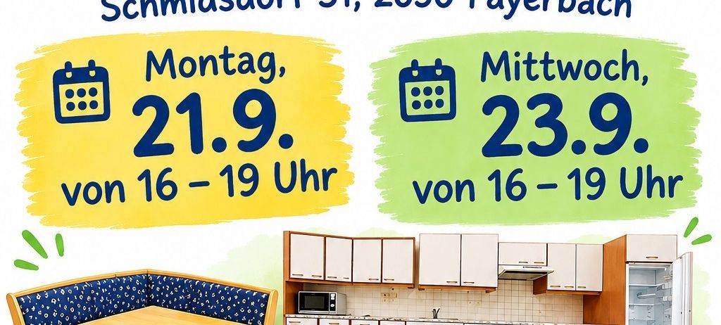 Plakat für einen Kindergarten in Schmidsdorf mit Küche, Essbereich und Spielgeräten, mit Terminen und Zeiten für Veranstaltungen am 21. und 23. September.