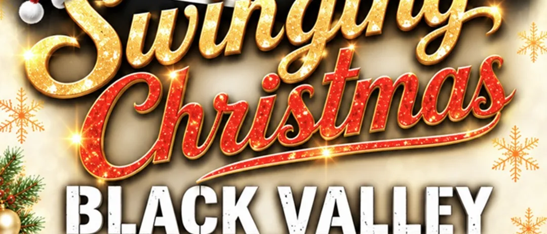 Plakat für das Swinging Christmas Event mit der Black Valley Big-Band, Musikern in roten Krawatten, einer Weihnachtsmütze und Instrumenten. Datum: 26.11, Zeit: 19:30. Ort: Gheghalle Payerbach.