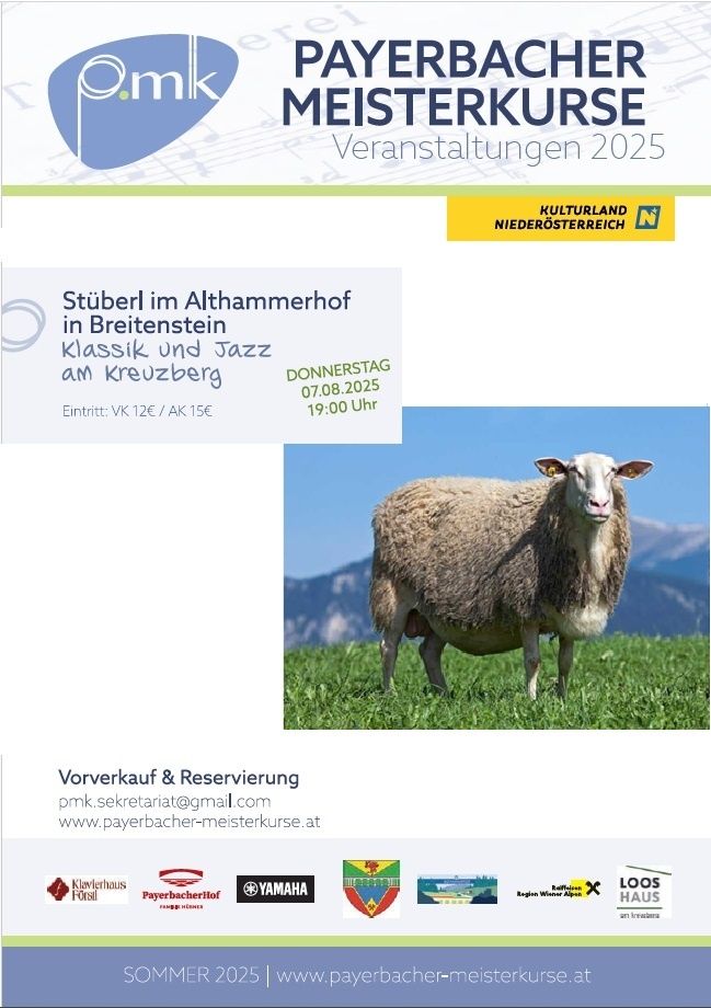 Ein Plakat für die Meisterkurse 2025 Veranstaltungen von Kulturland Niederosterreich. Es zeigt ein Schaf auf einer grünen Wiese mit Bergen im Hintergrund. Datum: 07.08.2025, Zeit: 19:00.