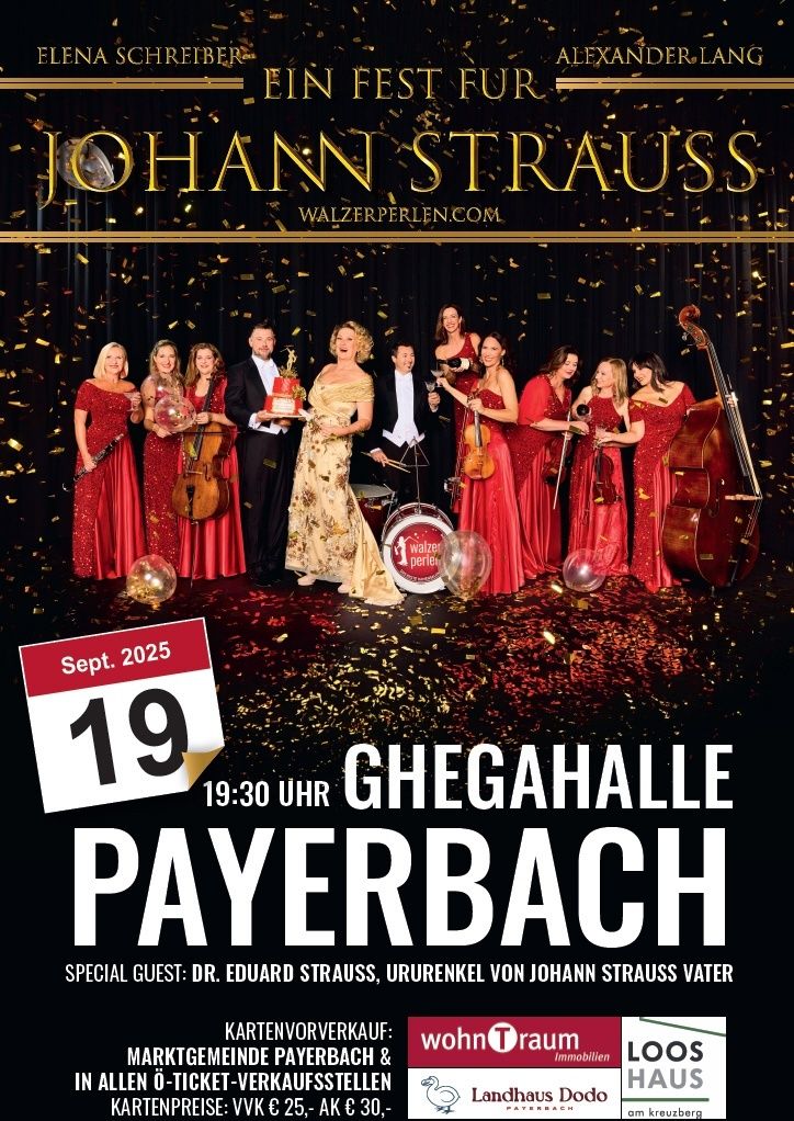 Plakat für ein Johann Strauss Musikevent am 19. September 2025. Künstler in roten Kleidern und Anzügen stehen auf der Bühne, halten Instrumente und Auszeichnungen. Datum, Uhrzeit und Veranstaltungsort werden angezeigt.