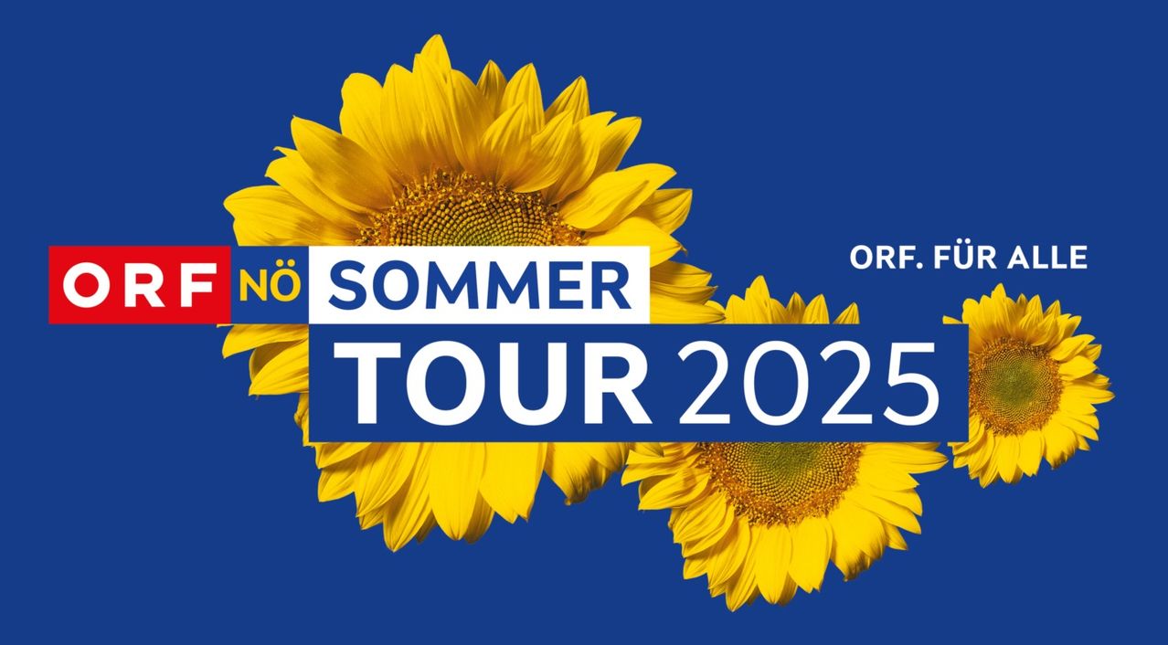 Das Poster zeigt Sonnenblumen vor blauem Hintergrund. Es steht 'ORF Sommer Tour 2025'. Die Sonnenblumen sind leuchtend gelb.