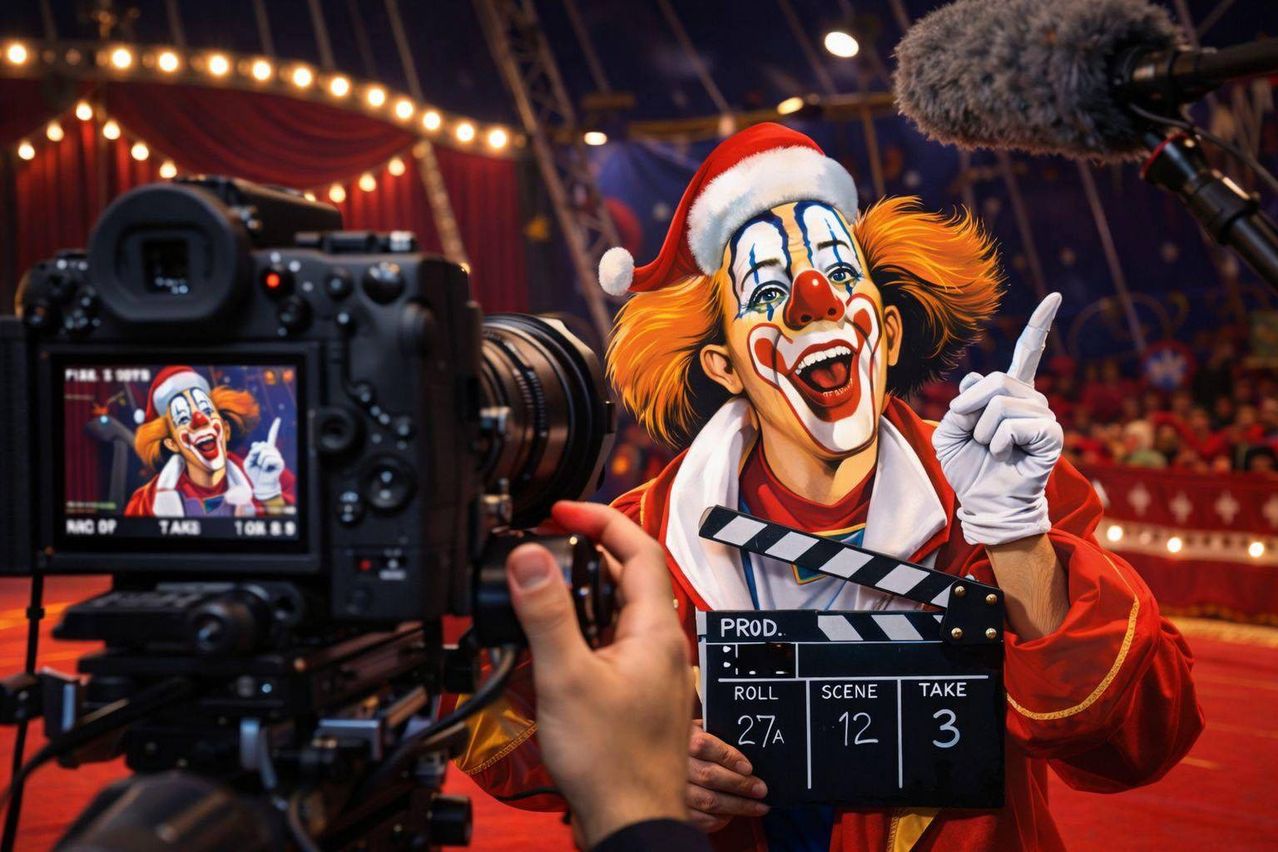 Ein Clown in einer Weihnachtsmütze hält ein Klapsbrett und zeigt auf eine Kamera, möglicherweise während eines Filmdrehs.