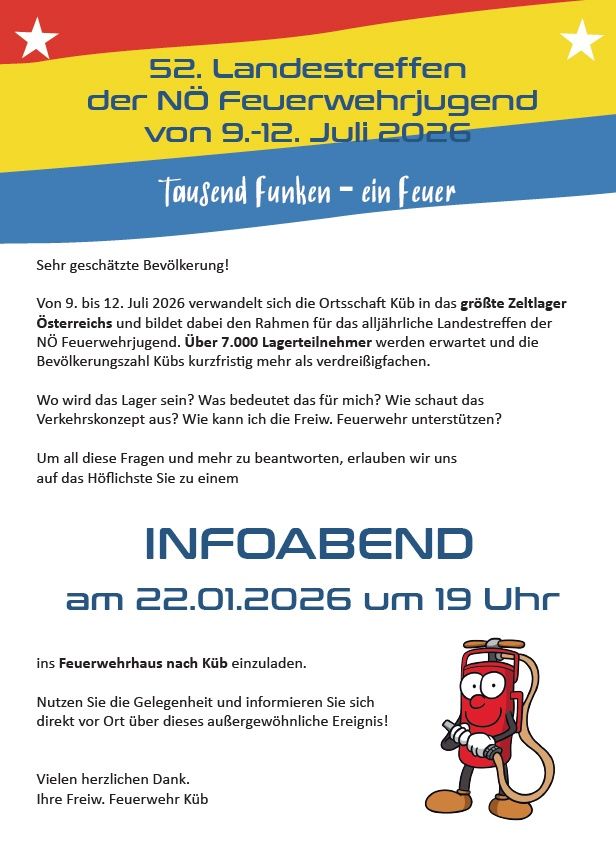 Ein Plakat bewirbt die 52. jährliche Veranstaltung der NO Feuerwehrjugend vom 9. bis 12. Juli 2026 mit dem Titel 'Tausend Spaß - ein Feuer'. Es ermutigt die Bevölkerung zur Teilnahme. Die Veranstaltung wird voraussichtlich die Einwohnerzahl der Stadt verdreifachen mit über 7.000 Teilnehmern. Ein Infoabend ist für den 22. Januar 2026 um 19 Uhr im Feuerwehrhaus geplant. Das Plakat zeigt einen gezeichneten Feuerwehrmann.